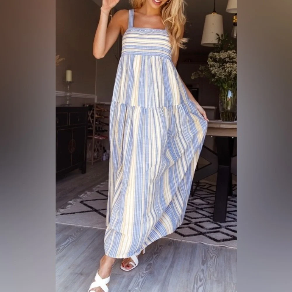 SHEIN Women’s Blue and Yellow Vertical Striped Tiered
Boho Maxi Sundress Small - Picture 1 of 9
